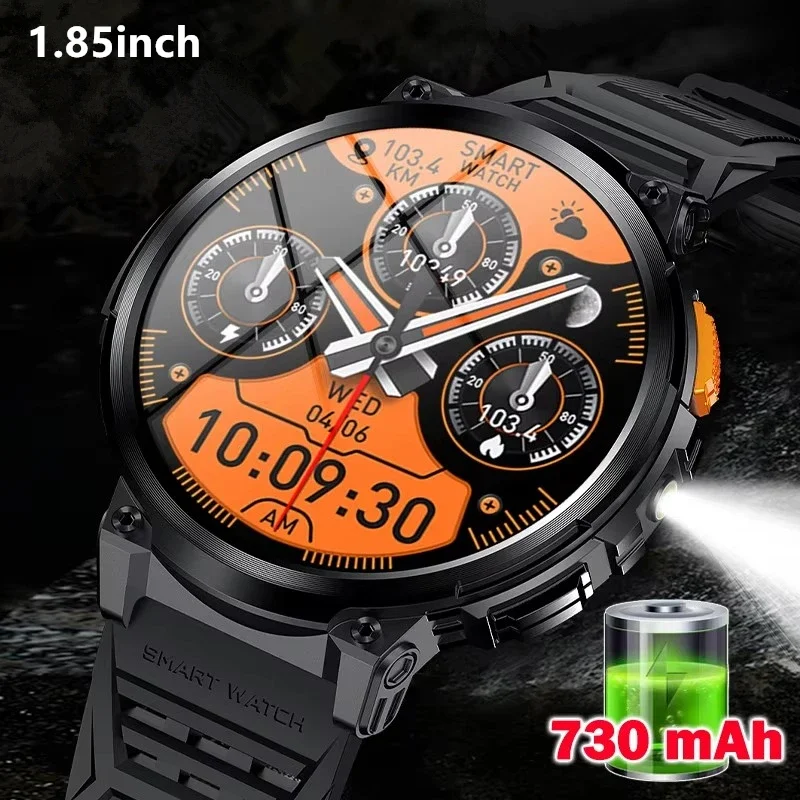 

2024 New Men's Smartwatch 1.85 HD Screen LED Flashlight 730mAh Large Battery BT Call Waterproof Fitness Bracelet