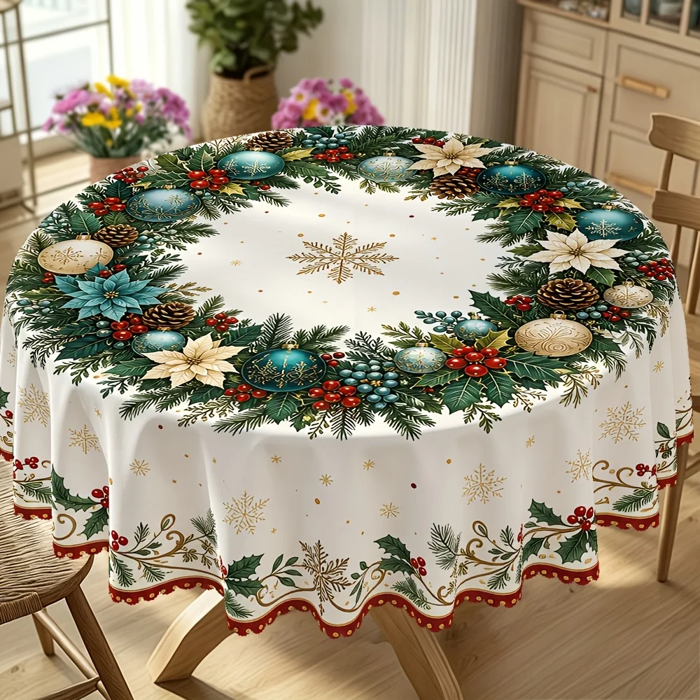 Round/rectangular tablecloth, Christmas Day print tablecloth, pine branch holly snowflake pattern