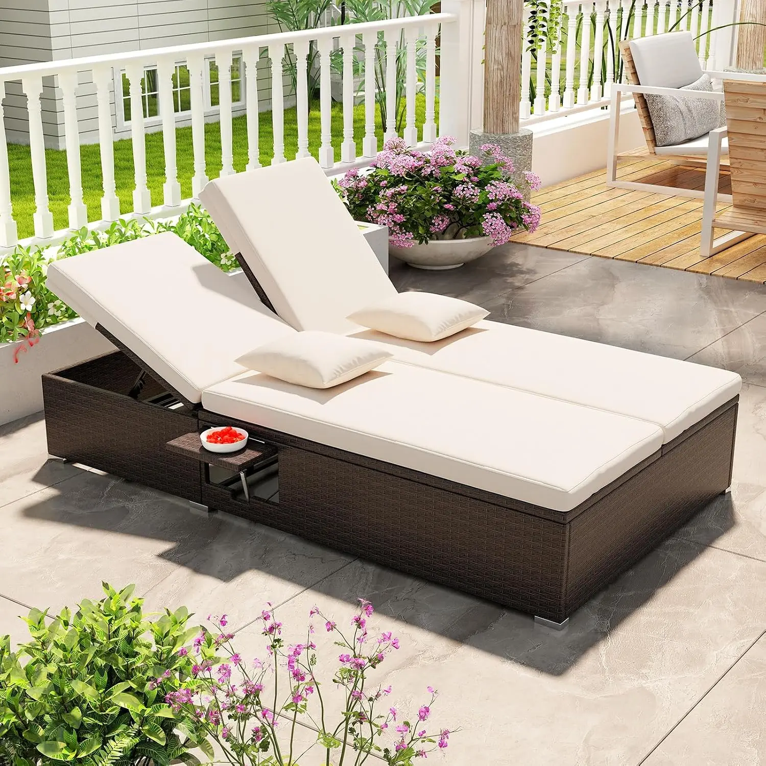 Rattan Outdoor Patio Daybed - Wicker Double Chaise Lounge Chair w/6-Position Backrest, 2 Folding Side Trays,, Customized