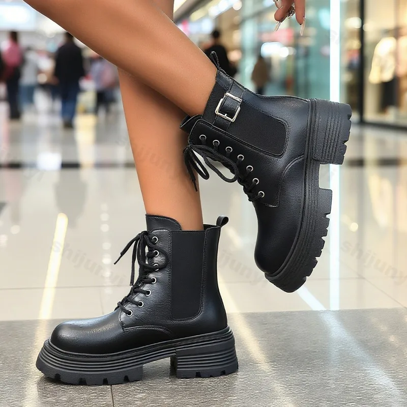 

Women Fashion Buckle Platform Ankle Boots for Black Lace Up Thick Sole Motorcycle Boots Woman Plus Size Pu Leather Boots Mujer