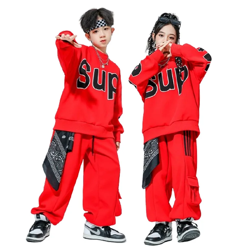 Kids Cheerleading Clothing Red Hip Hop Dance Costume sets for Girls Boys Jazz Street Performance Clothes