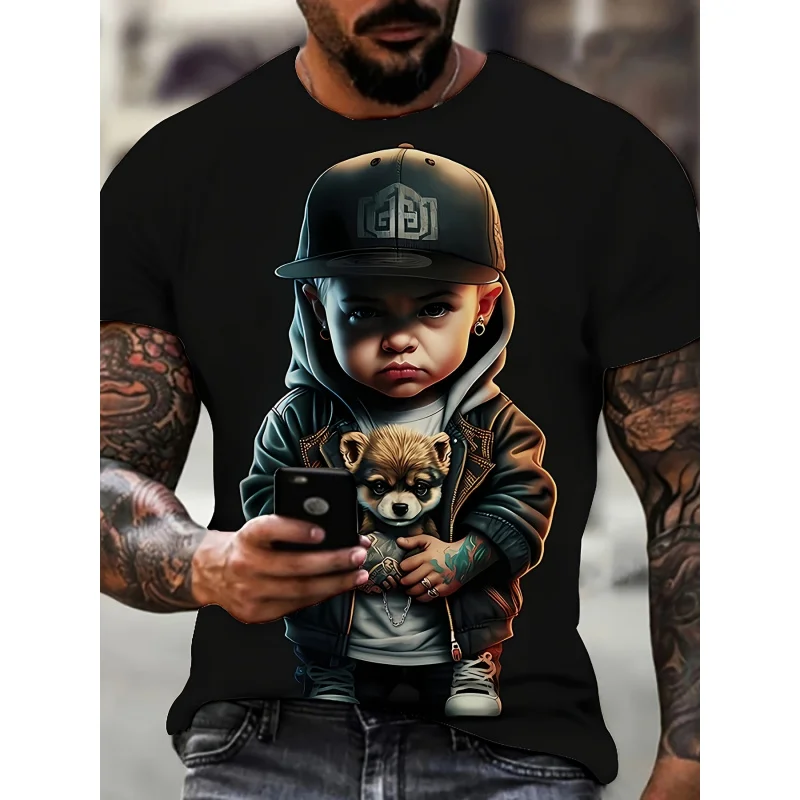 

Plus size 3D cool boy & dog print T-shirt for men stylish short sleeve top men's clothing