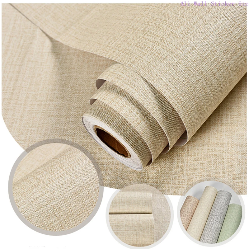 Self-adhesive Wallpaper Waterproof Solid Color Linen Pattern Living Room Bedroom Room Cabinet Decoration Sticker