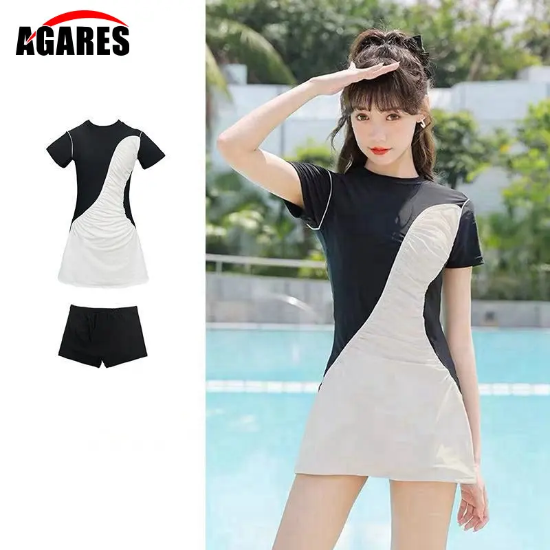 Women Swimsuit 2023 New One-piece Swimming Suit Short Sleeve Skirt Conservative Hot Spring Sports Large Solid Beach Wear