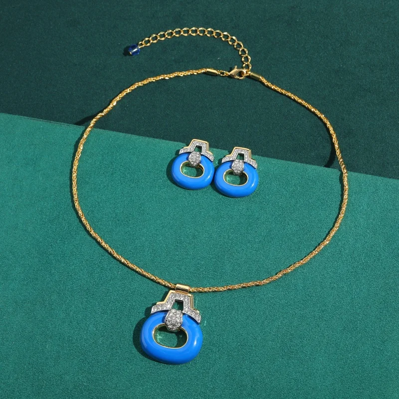 Vintage Blue Enamel Geometric Pendant Jewelry Sets Luxury Brand Design Necklace Earring For Women High Quality Trendy Gift