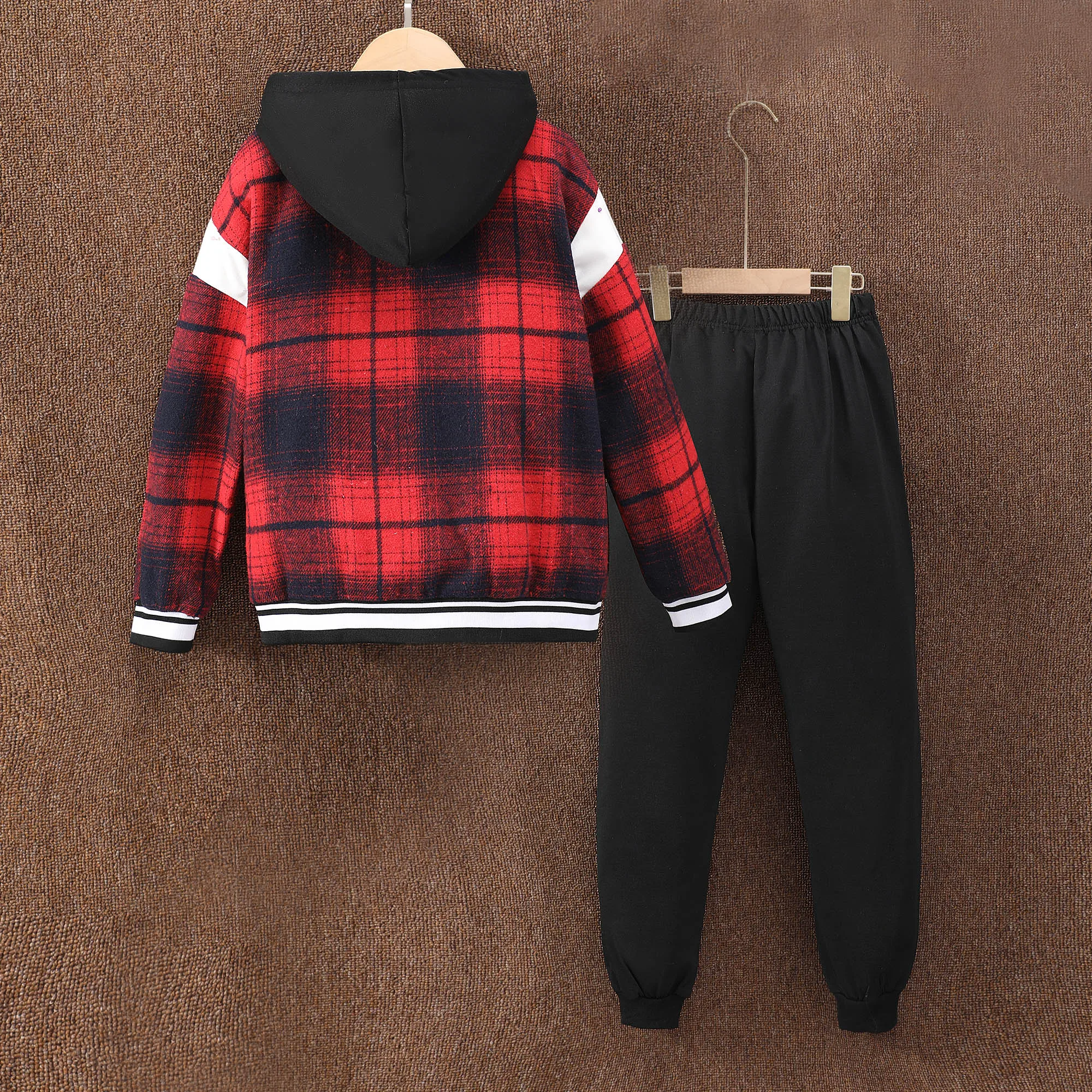 2023 Autumn Winter New Boys Long Sleeve Checkered Hoodie Top+Solid Color Pants Fashion Casual Set 8 9 10 11 12 Years