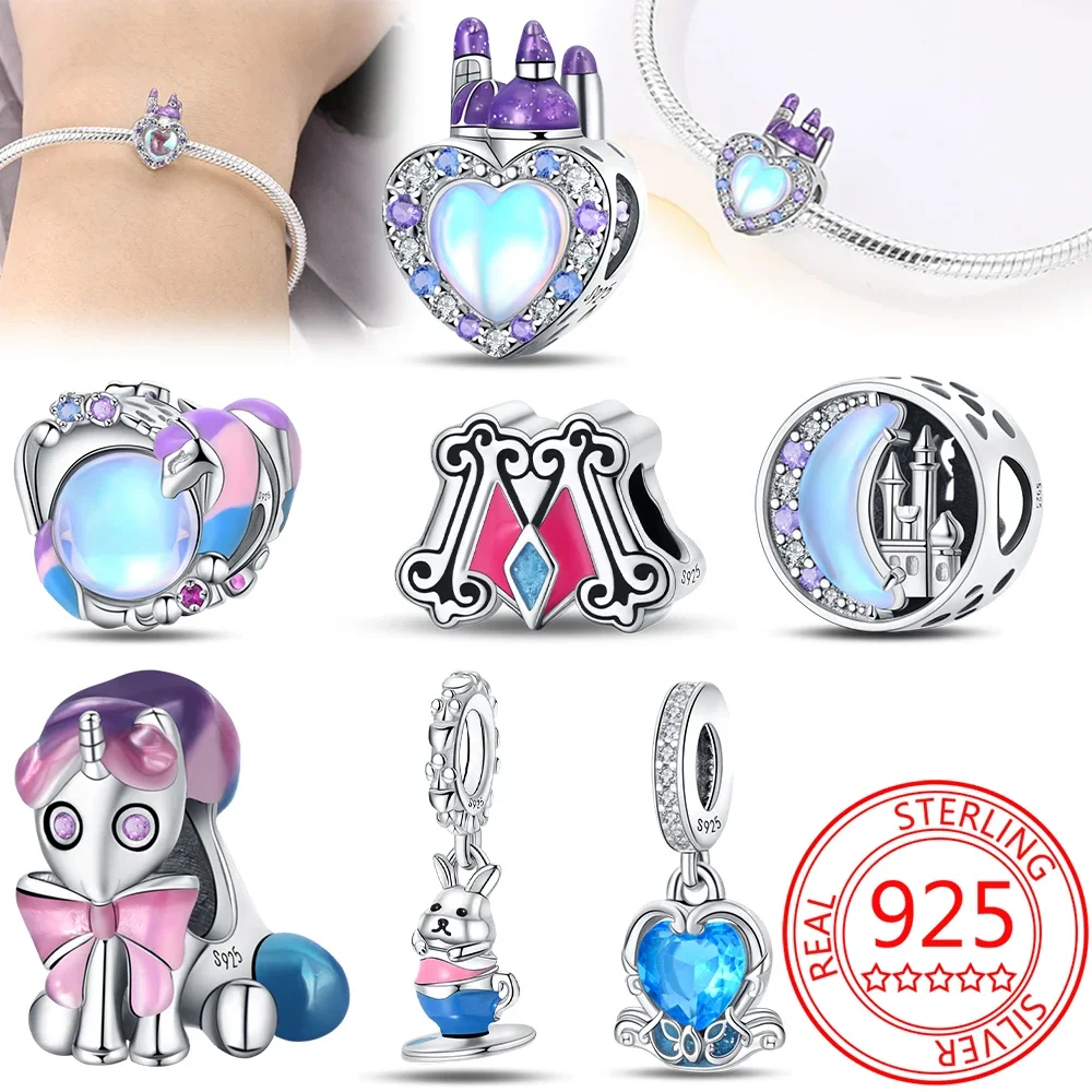 

925Sterling Silver Fairytale Fantasy Castle Unicorn Charm Pendant Beads Fit Pandora Charm Original Bracelet Women Jewelry Making