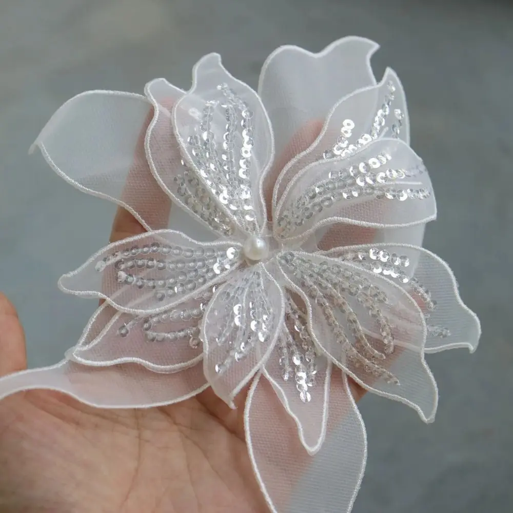 20cm DIY Flower Embroidery Patches Sew On Lace Fabric Mesh Clothes Patches Sequins Sweater Coat Accessories Flower Cloth Sticker