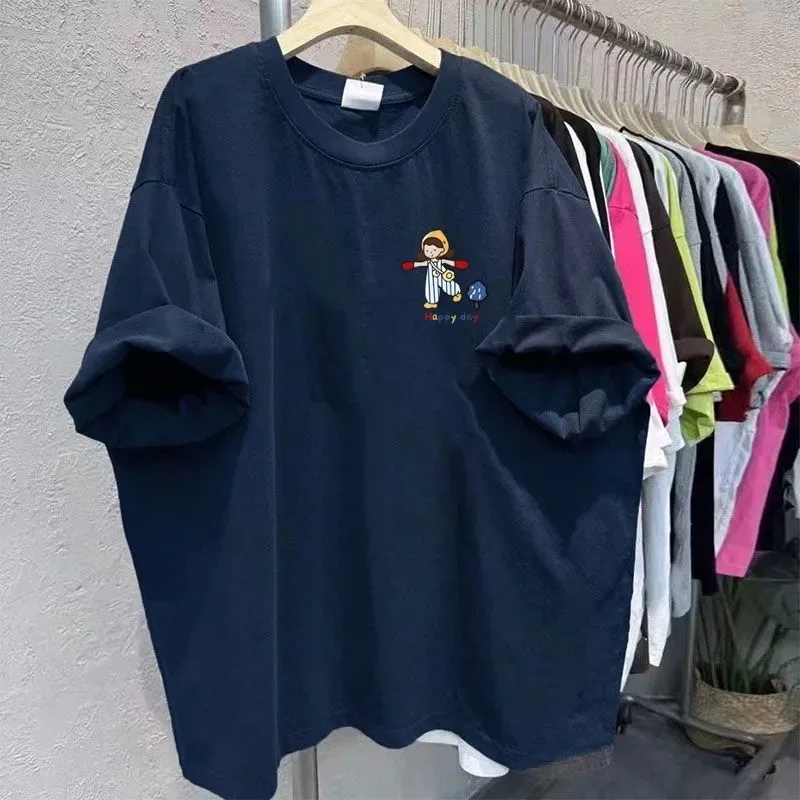 Oversize Crew Neck Cotton Short Sleeve T Shirt Cute Cartoon Girl Print Loose Lazy Style Casual Summer Hide Belly Top