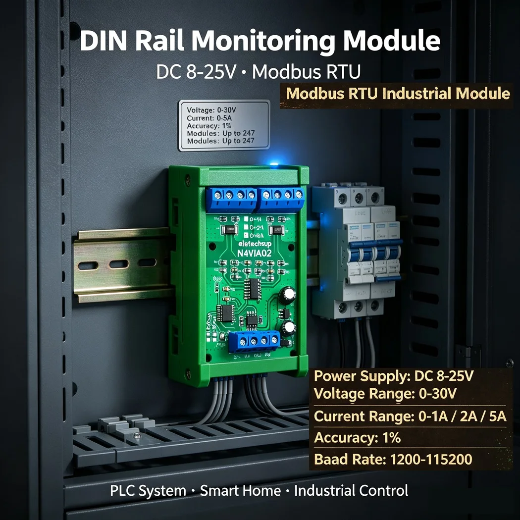 Eletechsup Modbus RTU RS485 Voltage Current Sensor DC 0-30V 0-1/2/5A 1% Precision PLC IO Expansion Monitoring Module