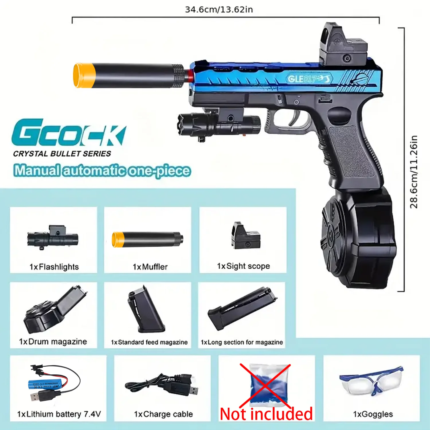 수동 전동 젤 볼 장난감 총, 권총 두 가지 모드 전환, 7-8mm 젤 볼 장난감 총 발사 가능, 야외 놀이 장난감(총알 미포함)