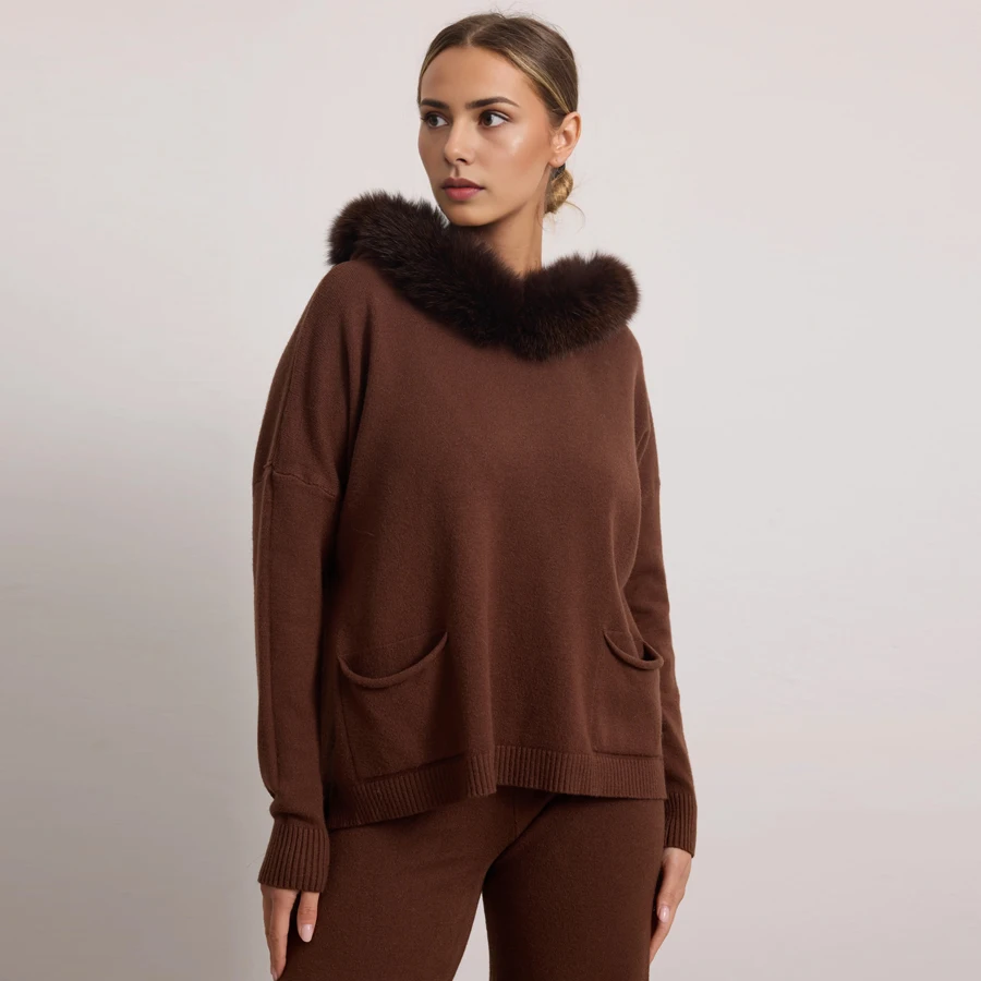 캐시미어 스웨터 폭스 퍼 트림 후드 니트 스웨터 여성용 리얼 퍼 풀오버 고품질 천연 퍼 칼라 캐주얼 후디