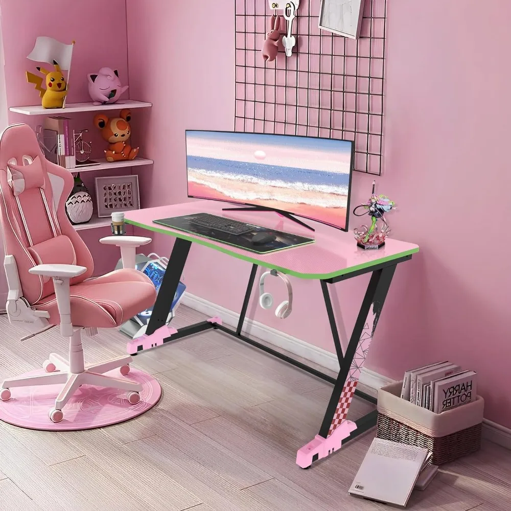 Desk, Carbon Fiber Surface Z-Shaped PC Computer Table, with Headphone Holder, Cup Holder, Cable Management Bo