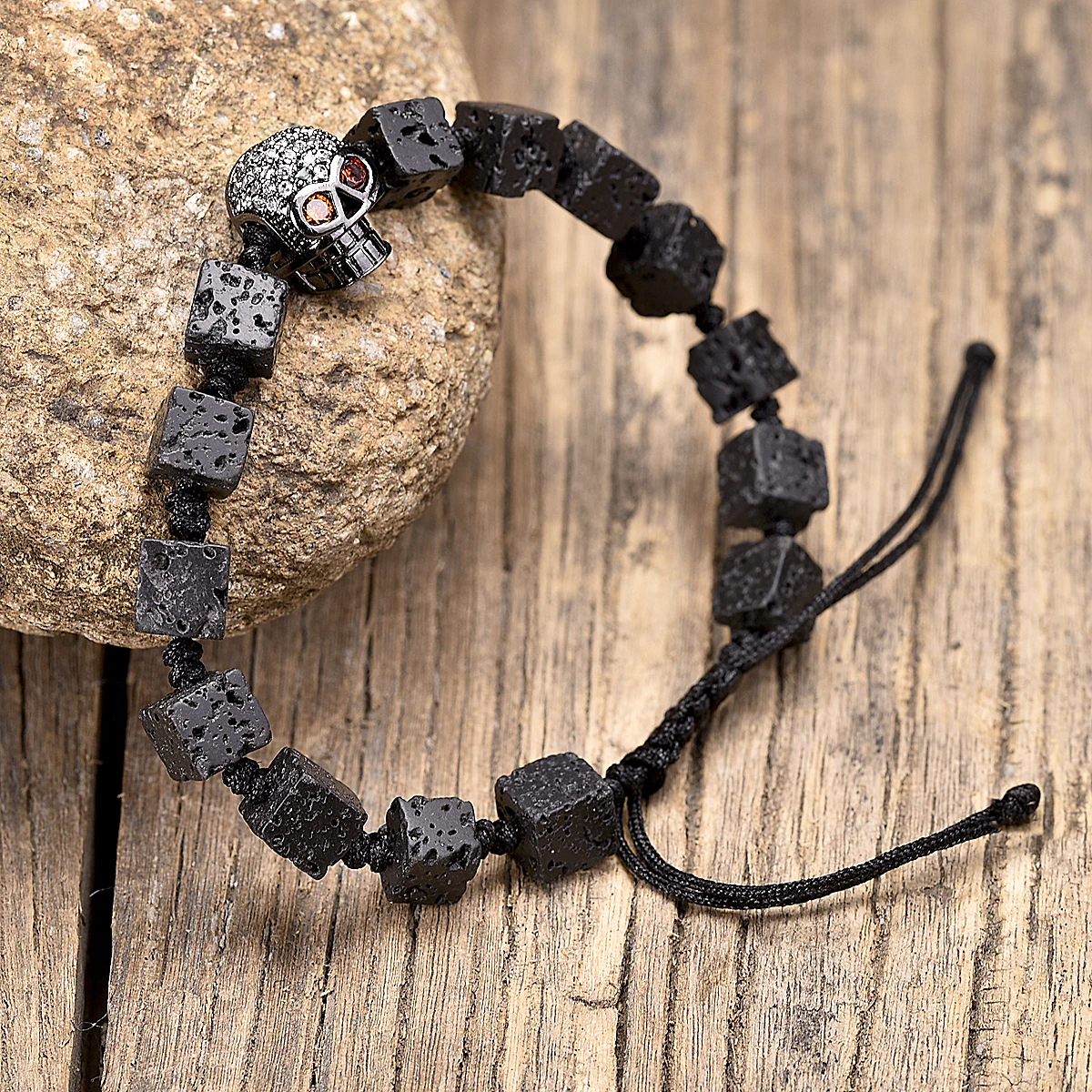 Halloween Black CZ Skull Natural 8MM Lava Cube Beads Braided Bracelets for Men Women