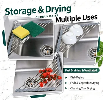 Roll Up Triangle Dish Drying Rack Foldable Stainless Steel Kitchen Sink Organizer Corner…