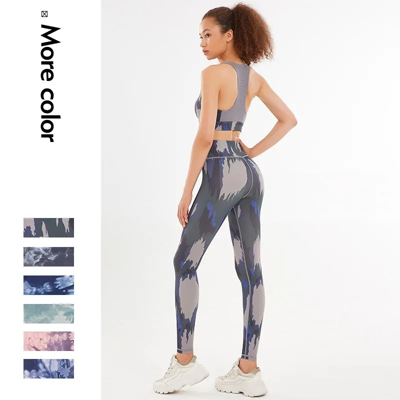 Two - piece printed yoga suit, quick - drying yoga pants, beautiful - back sports vest, high - elastic running and fitness set.