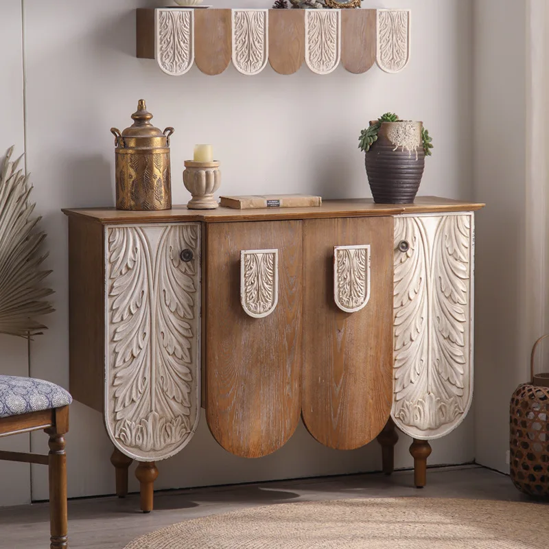 French solid wood carving flower entrance cabinet, villa homestay dining side cabinet, retro old storage complete set of lockers