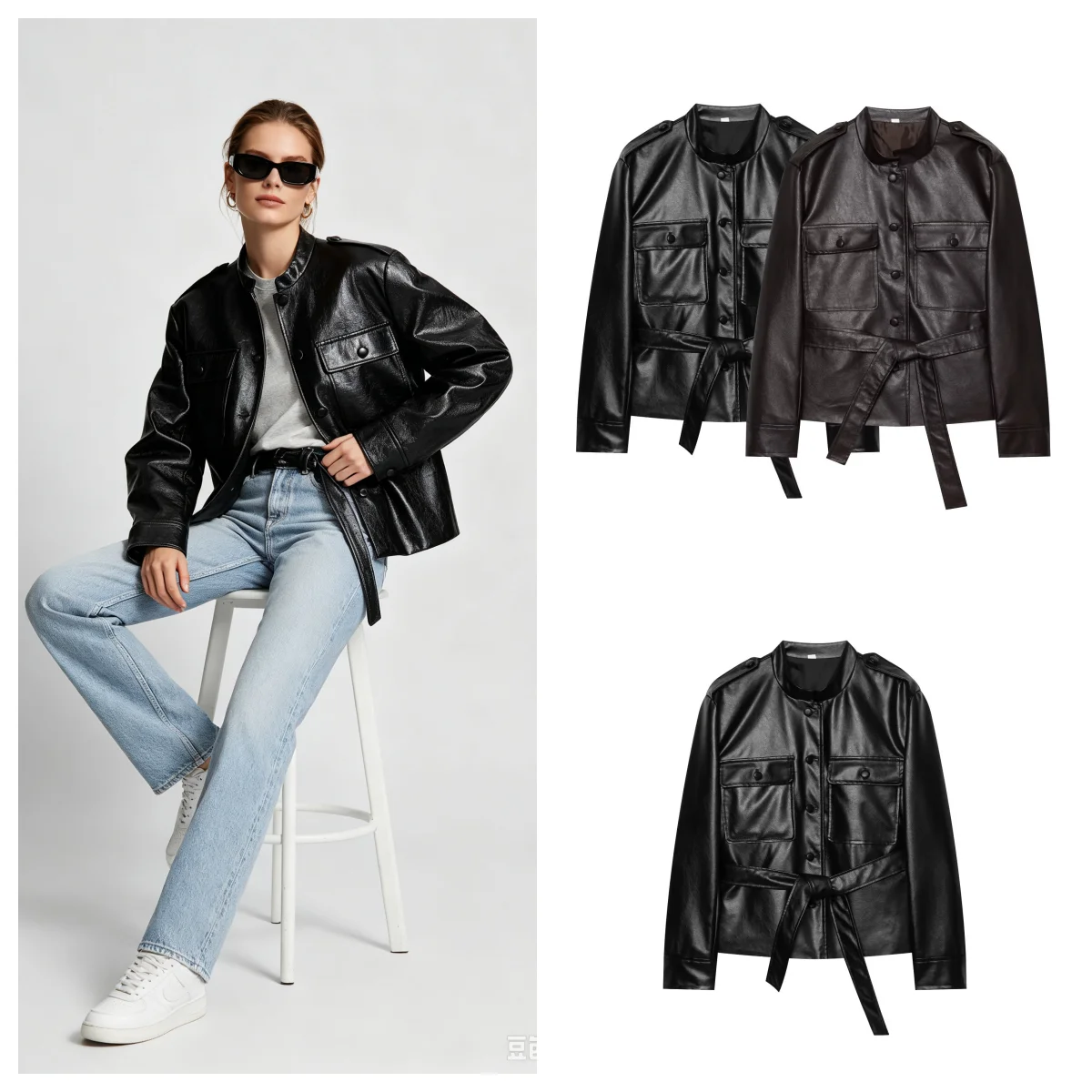 New Autumn Women's Jacket with Belt round Neck Long Sleeve Flip Cover Patch Pocket Design French Style Polyester Fiber Coat