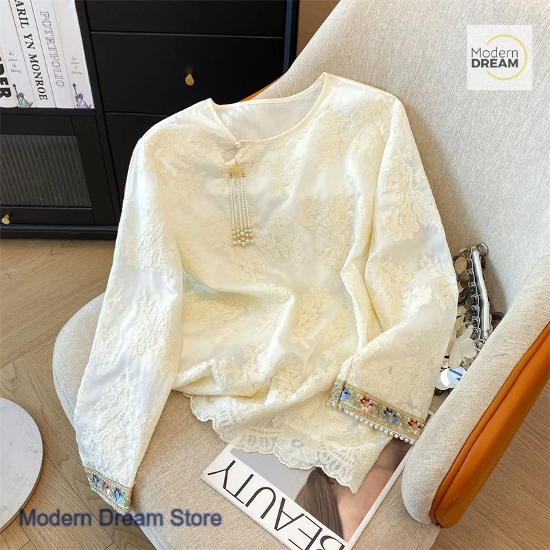 

New Chinese Embroidery National Style Lace Shirt Women's Spring and Autumn Fashion Advanced Western Style Long Sleeve Shirt