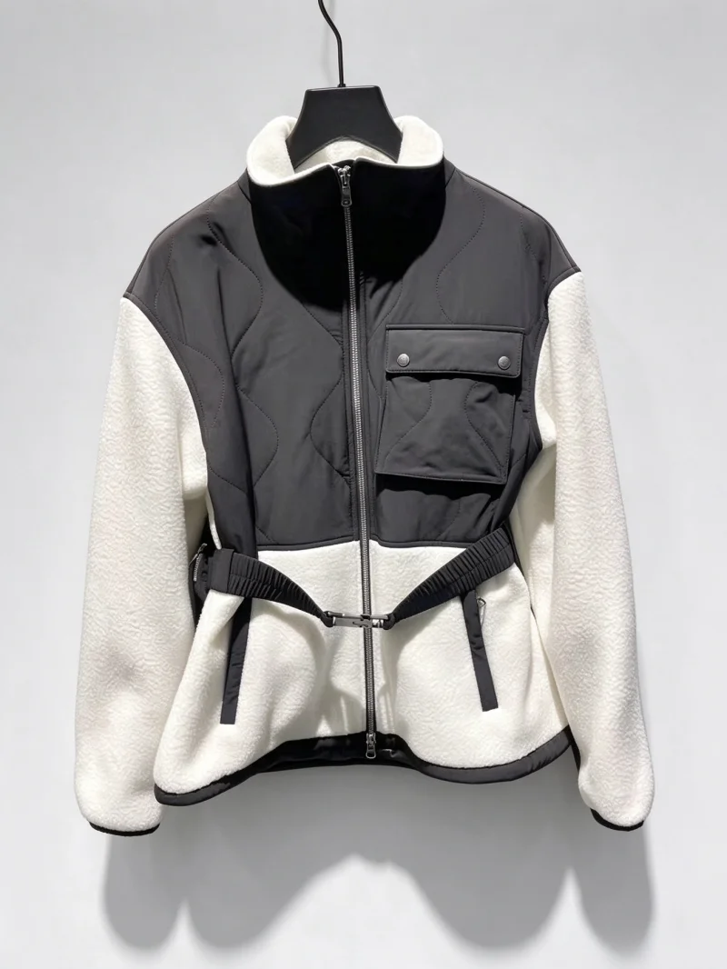 Clearance Sale-Ladies Golf Stand Collar Sherpa Down Coat Long Sleeve With Belt Small Waist Bag Fashion Golf Sports Jacket
