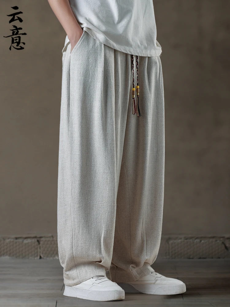

Свободные хлопковые льняные мужские летние повседневные брюки с широкими штанинами, брюки-фонарики в стиле тайцзи, молодежные повседневные модные брюки в стиле ханьфу