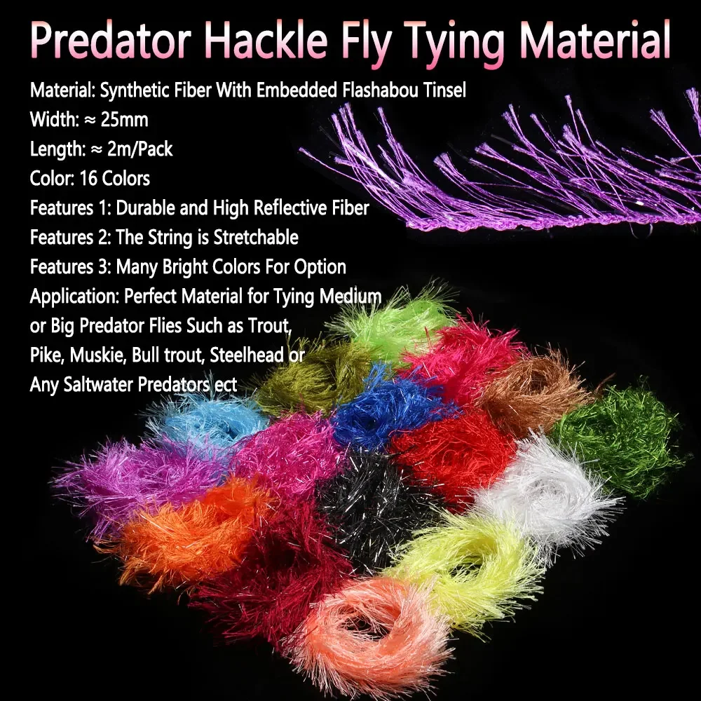 Bimoo 16Packs Mix 25mm Wide Synthetic Predator Hackle Fly Tying Material Mix W/ Flash Tinsel Trout Pike Muskie Sea Fishing Lures