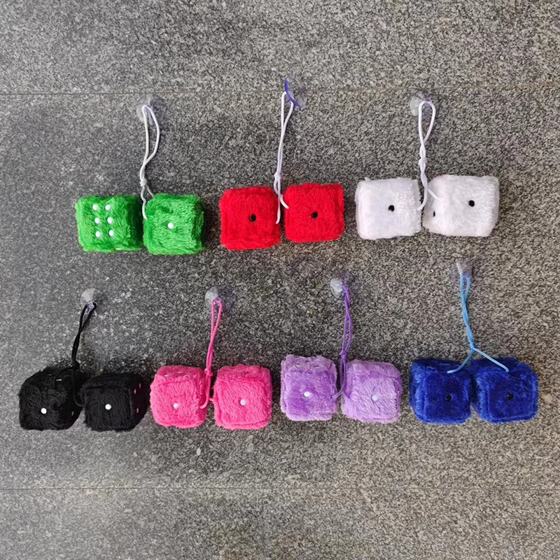 Long Hair Hot Stamping Dot Dice Plush Toy Cube Pendant Car Ornament Sieve Anime Car Decoration Accessories