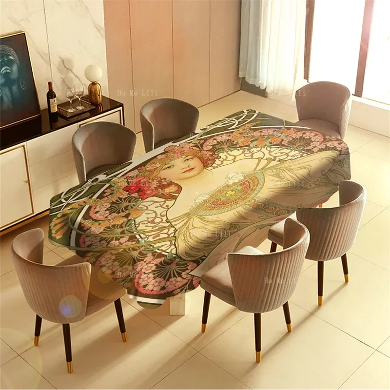 Luxembourg Museum Alphonse Mucha Art Nouveau Blonde Hair Elegant Woman Retro Paris Rose Background Tablecloth By Ho Me Lili