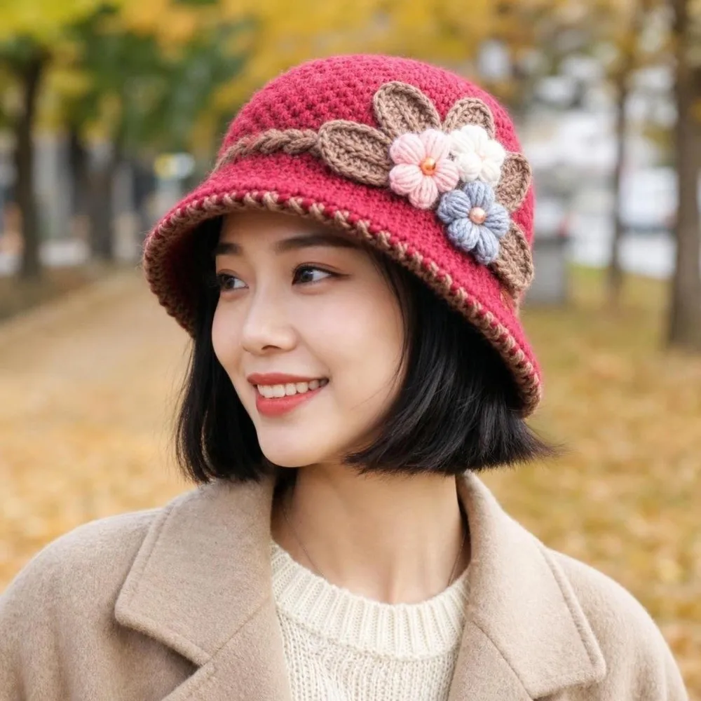 Vintage Warm Knitted Bucket Hat Plush Soft Yarn Cloche Hat Windproof Foldable Floral Crochet Hat Outdoor
