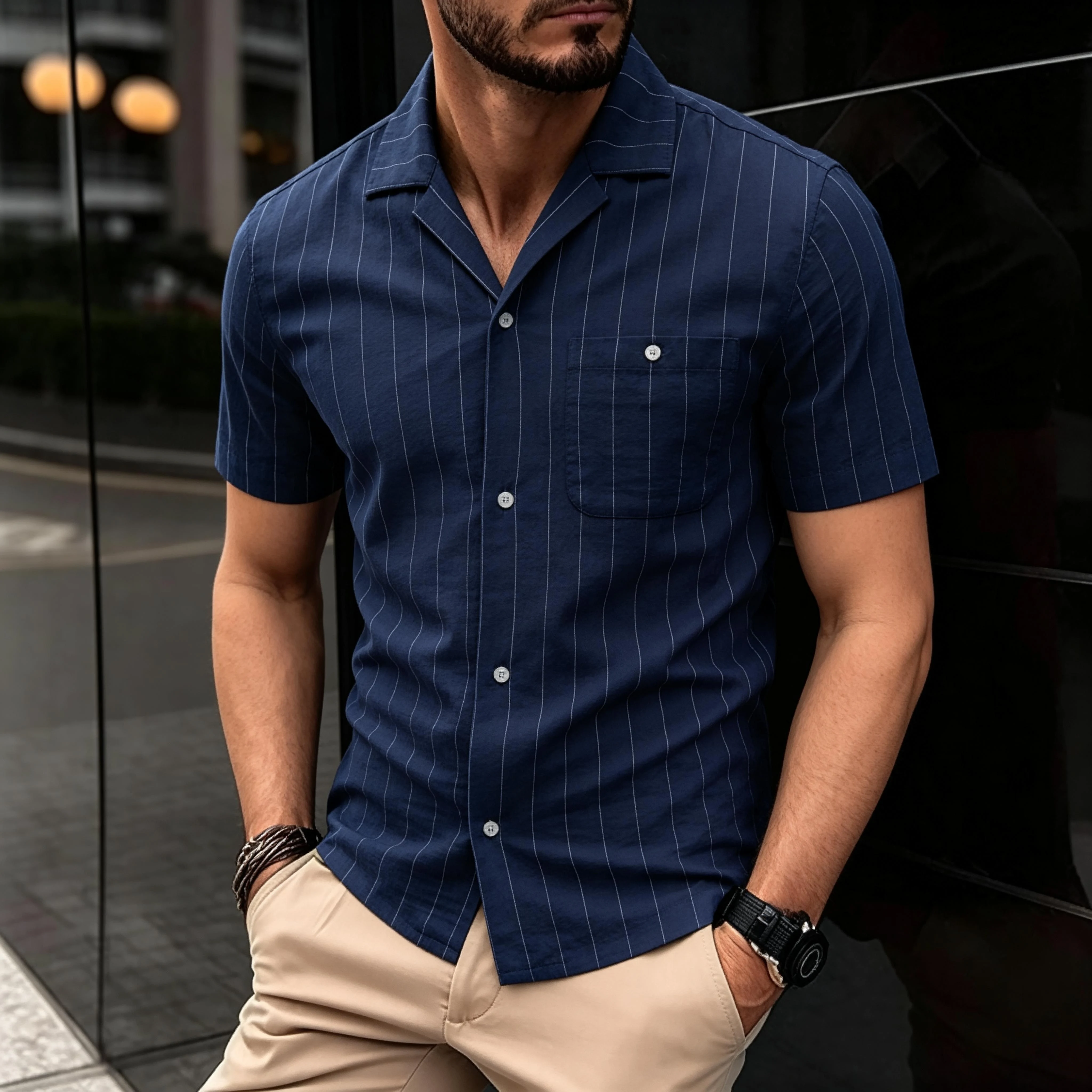 

Summer High Quality Cotton Shirts For Men Casual Stripe Design Short Sleeve Button Shirt Male Pocket Cotton Soft Daily Tops Wear