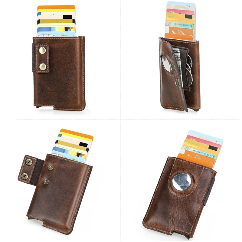Genuine Leather Airtag Card Bag Wallet Retro Anti-lost RFID Blocking ID Credit Card Bag With Auto Eject Aluminum Card Holder