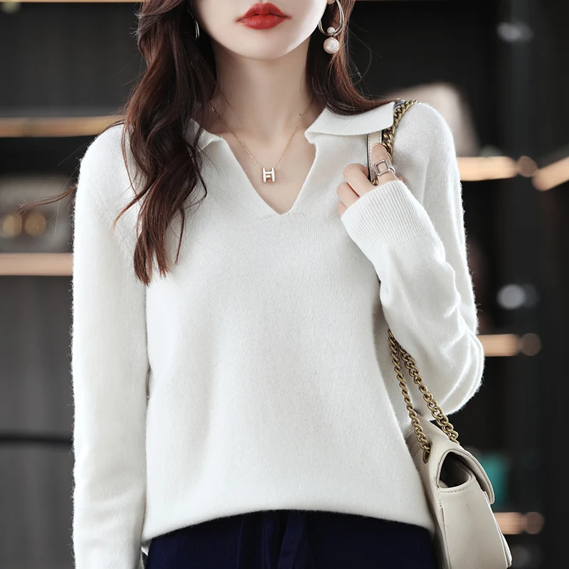 100% Wool Cashmere Sweater Women\'s 2022 Autumn And Winter New Lapel High-Grade Sweater Knitting Loose Set Head Short Top S-XXL