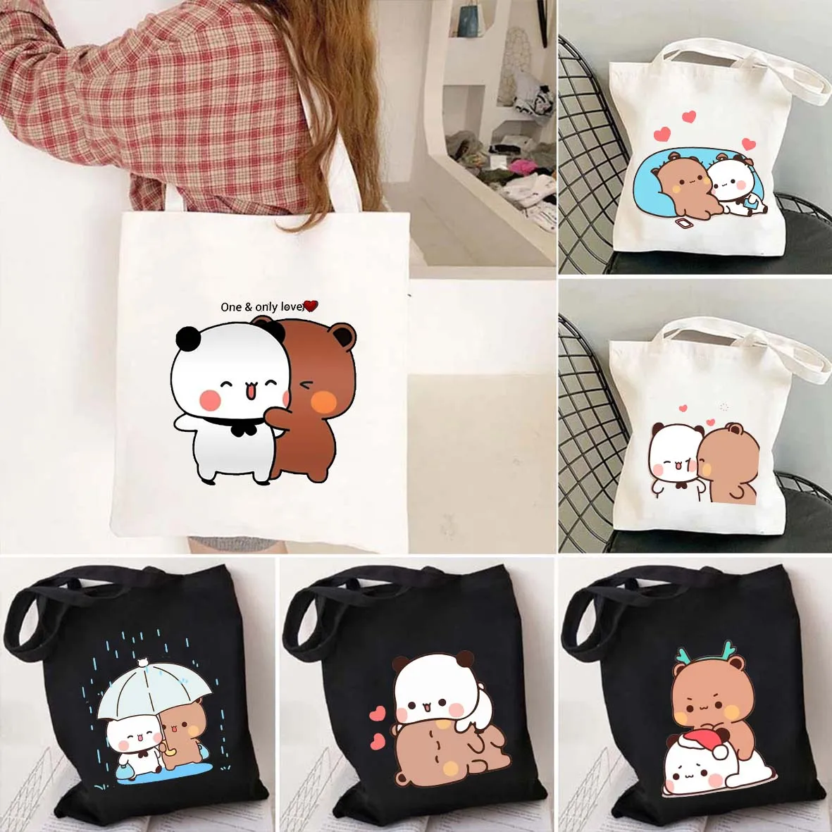 Lucu Kawaii beruang brownies beruang Bubu Dudu cinta pasangan indah wanita gadis katun belanja kanvas Totes tas Eco Shopper tas tangan