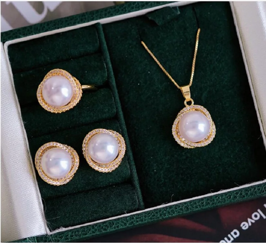 

Gorgeous AAA 10-11mm south sea White stud pearl pendant earring ring set