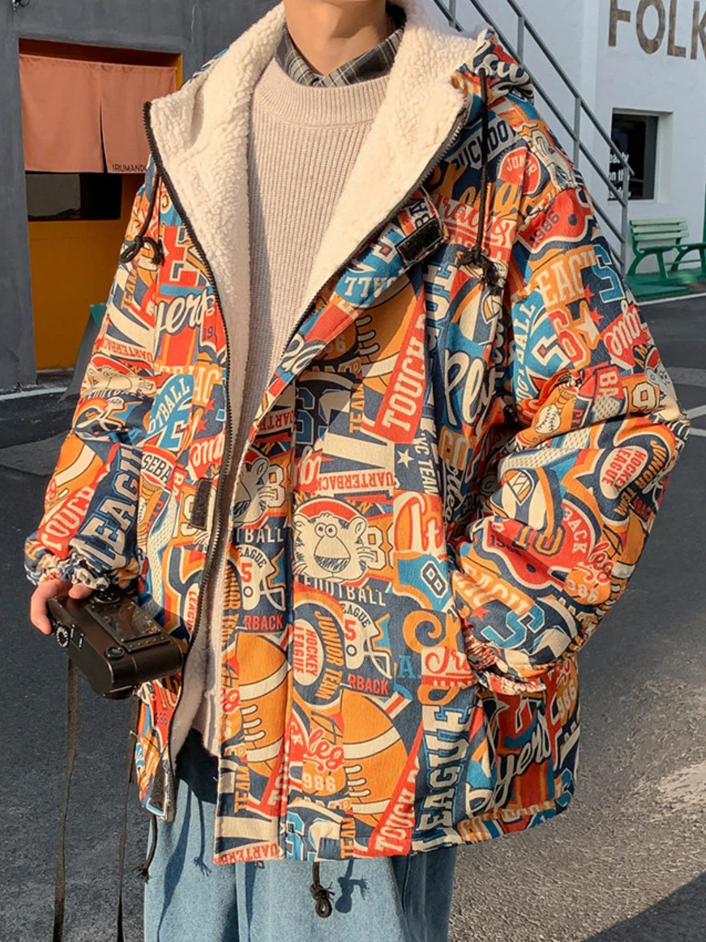 Men's Trendy Hong Kong Sle Loose Fit Thiened Fce Lined Cotton Jaet Winter Warm eepskin Coat Youth  Culture