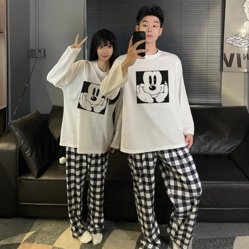 Disney Stitch spring and autumn new combed cotton couple pajamas cute cartoon casual Mickey loungewear set