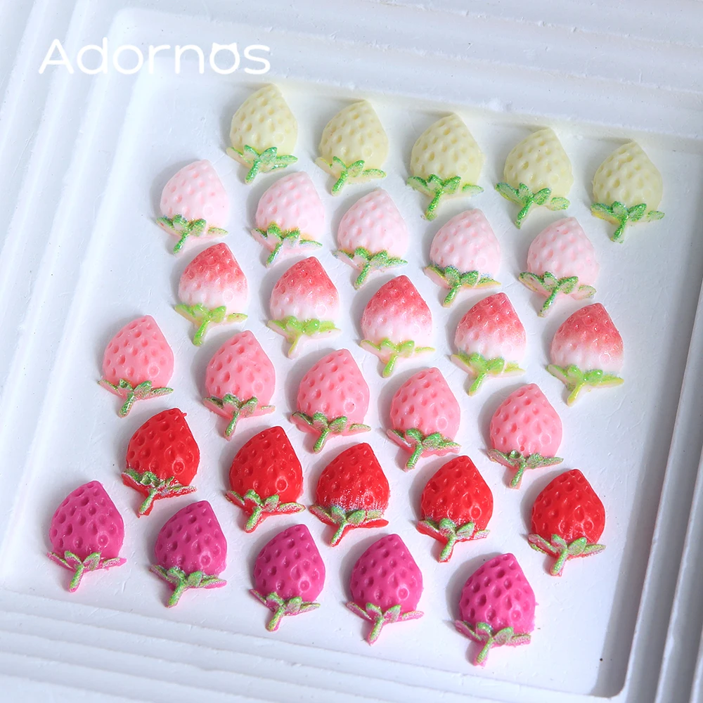 30pcs Mini Cartoon Strawberry Nail Art Accessories Flatback Strawberry Figurines With Seed Detailing Summer DIY Nails Decoration