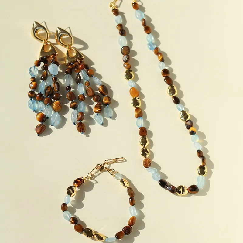 

Bohemian Aquamarine Jewelry Set,Tiger Eye Necklace Bracelet Earrings with Long Fringe, Luxury Vintage Gift for Women
