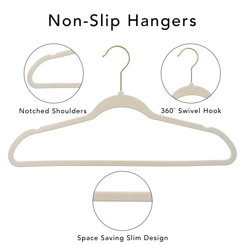 Non-Slip Velvet Clothes Hangers, 10 Pack, Beige/Black, Space Saving