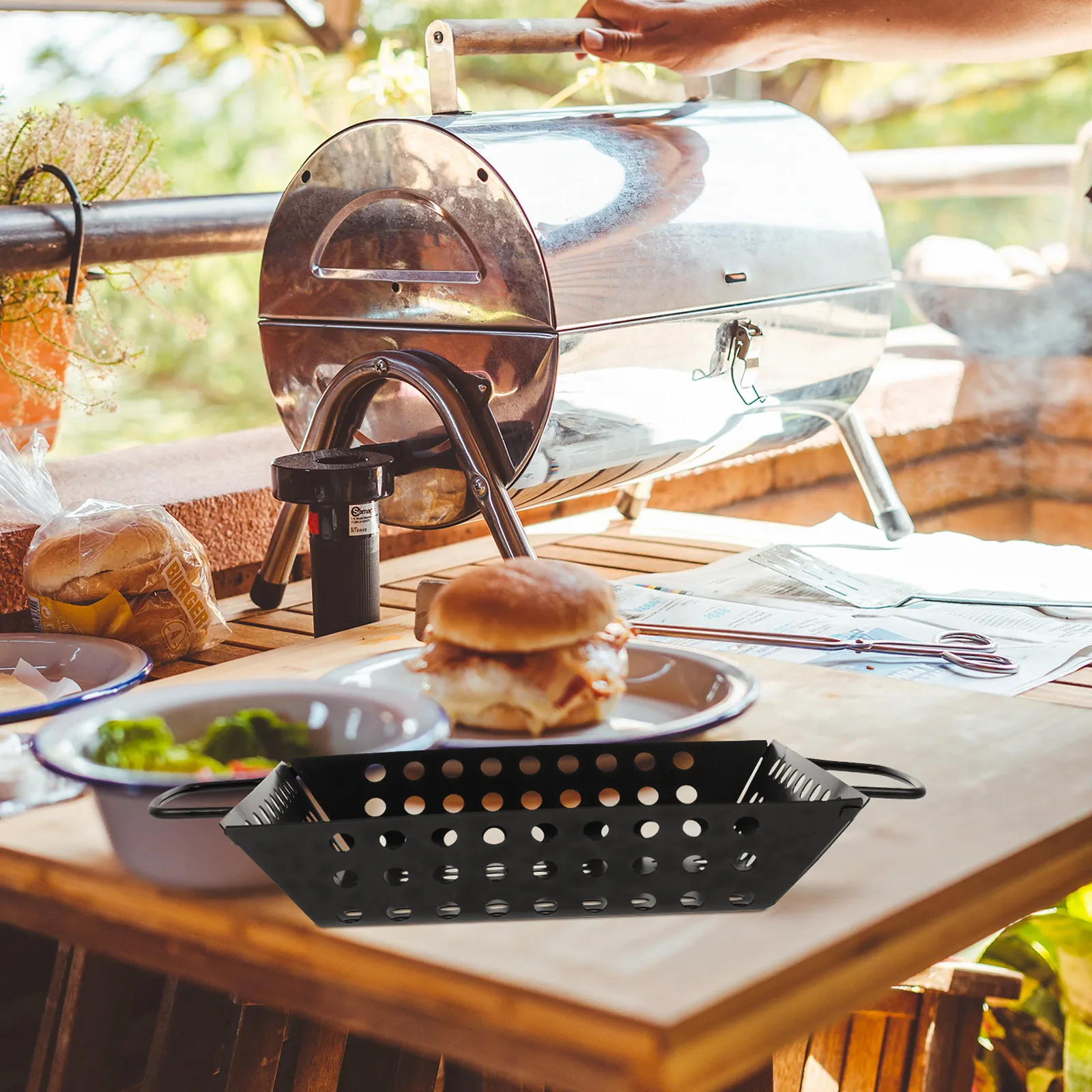 

Non-Stick BBQ Grill Pan Square Black Charcoal Tray Vegetable Grilling Basket Large Capacity Outdoor Barbecue Accessories Durable