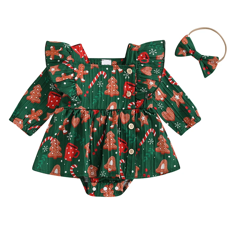 

Baby Girls Rompers Dress Christmas Clothes Christmas Tree Gingerbread Man Print Skirt Hem Ruffles Jumpsuits with Headband