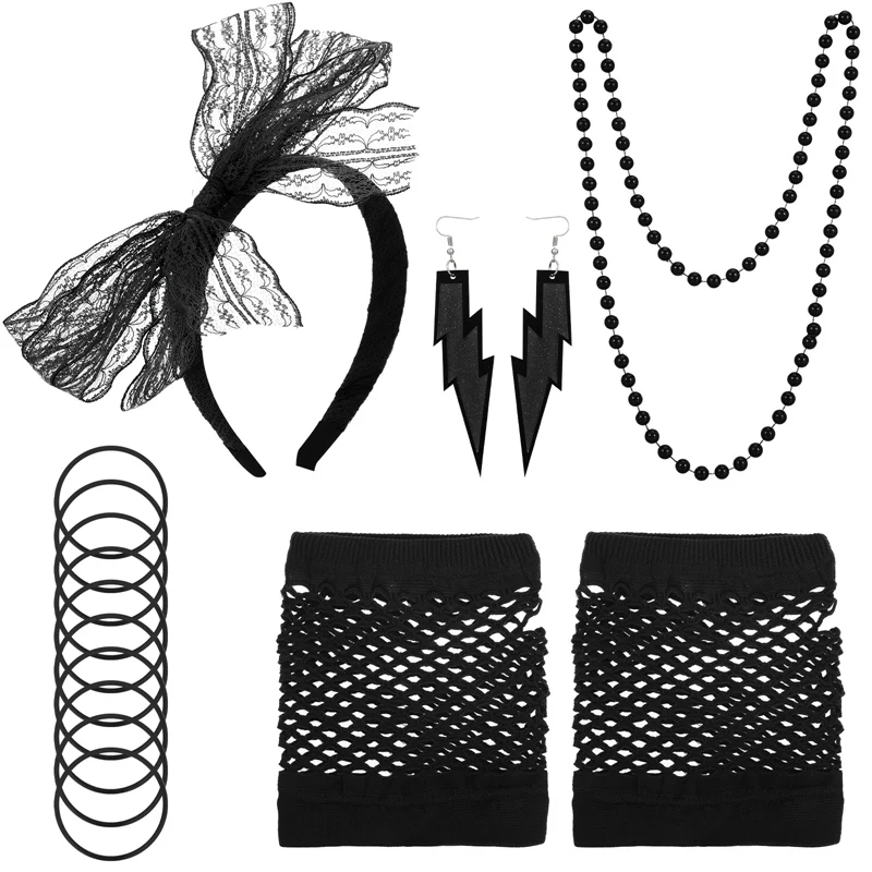 Girls 80s Cosplay Lace Headband Neon Earring Fishnet Glove Necklace Silicone Bracelet Vintage Party Outfit Costume Accessory Set