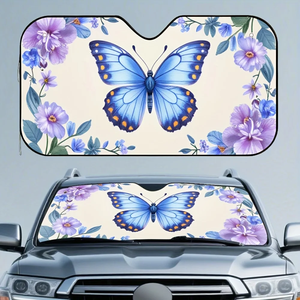 

1pc Spring Butterfly Car Sun Visor - Vibrant Blue Butterflies & Purple Flowers Design, Fit For All Cars, Quick Installation, Hea