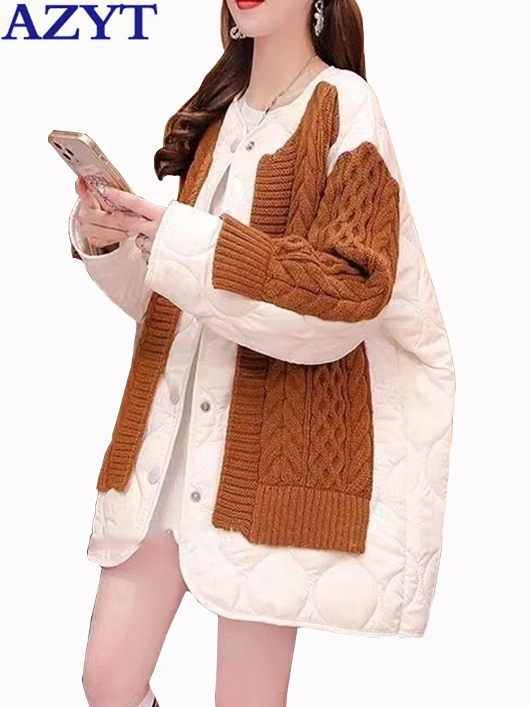 

Women Winter Jacket Thicken Warm Parkas Women Knit Patchwork Cotton Padded Jackets Female All Match Loose