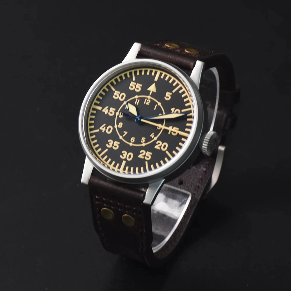 Hruodland 42mm Pilot Men\'s Automatic Mechanical Watch Sapphire Glass Stainless Steel Leather Waterproof 10Bar Retro Watch reloj