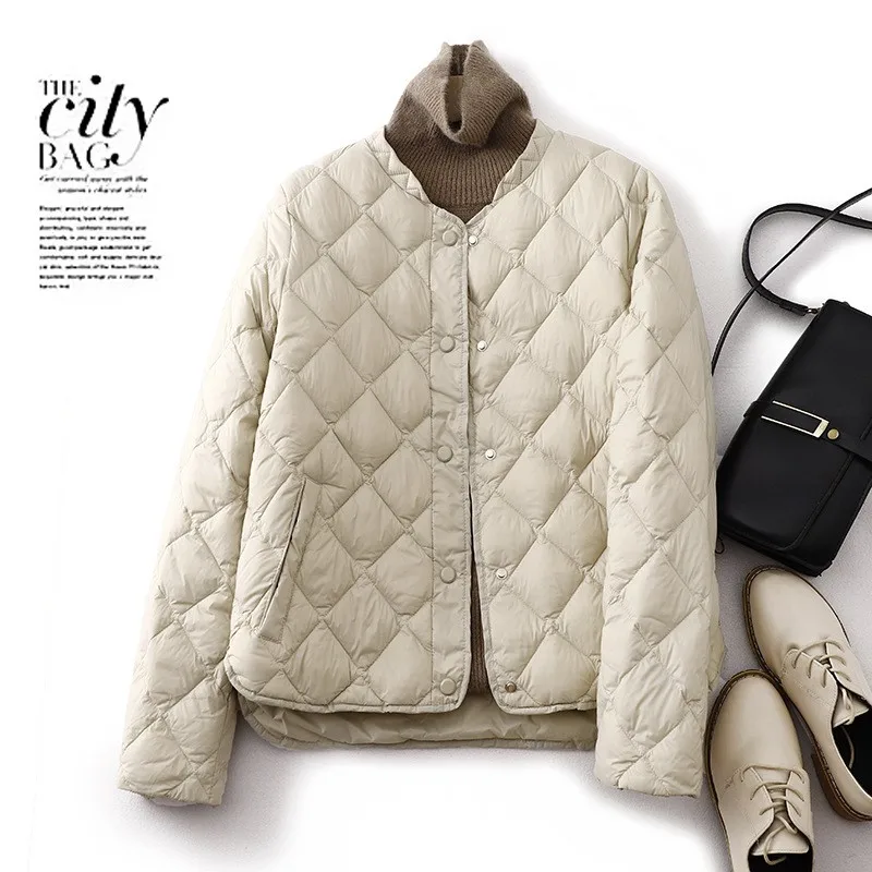 2025 Winter New Loose Fashion Diamond Grid Clamp Cotton Stand Up Collar Warm Cotton Jacket Women's Long Sleeve Cotton Jacket