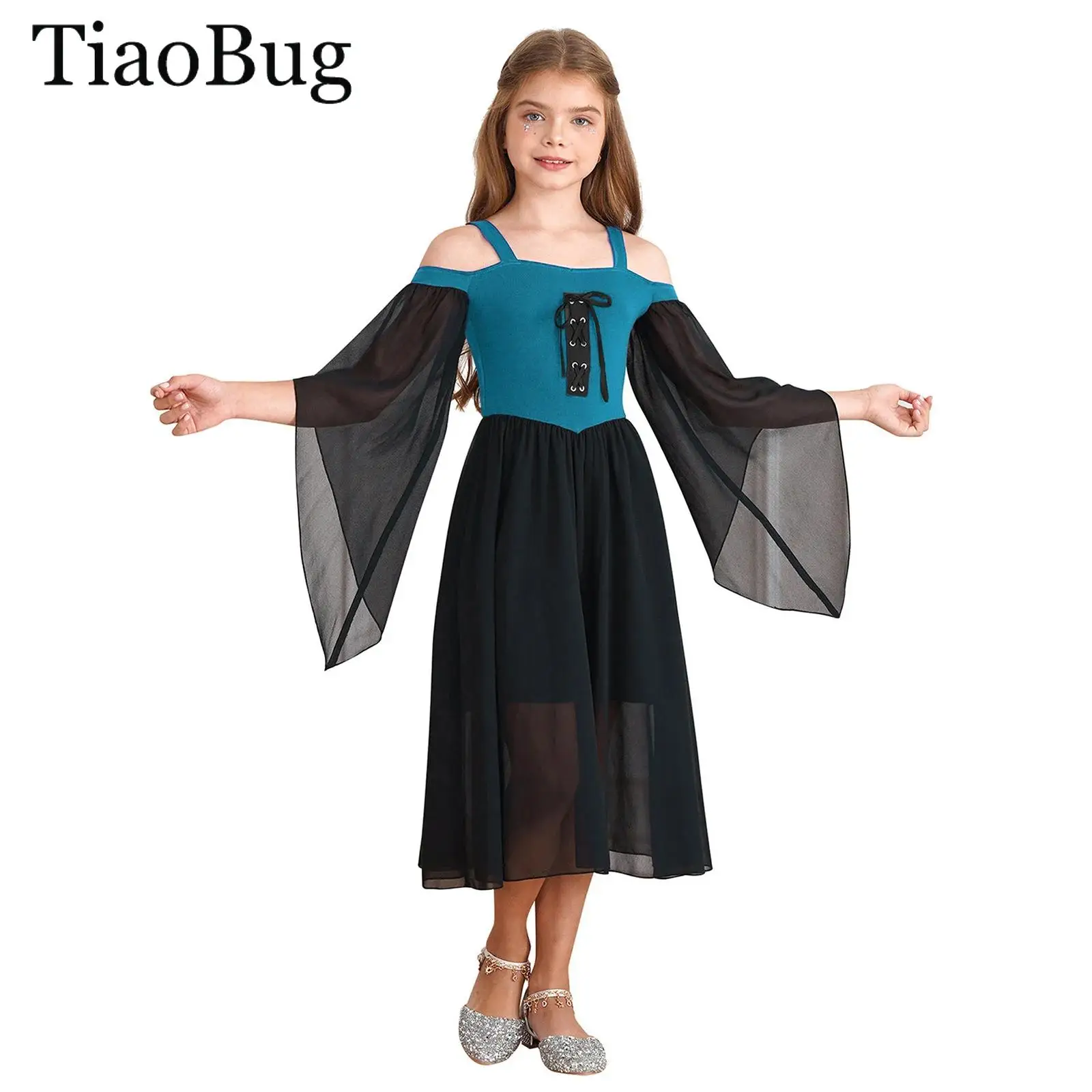 

Girls Vintage Medieval Renaissance Gown Costumes Cold Shoulder Butterfly Sleeve Lace Up Princess Gothic Dress Halloween Cosplay