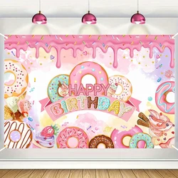 Donut Theme Party Backdrop Banner Happy Birthday Party Decor Photo Booth Background Hanging Flag Backdrop Props