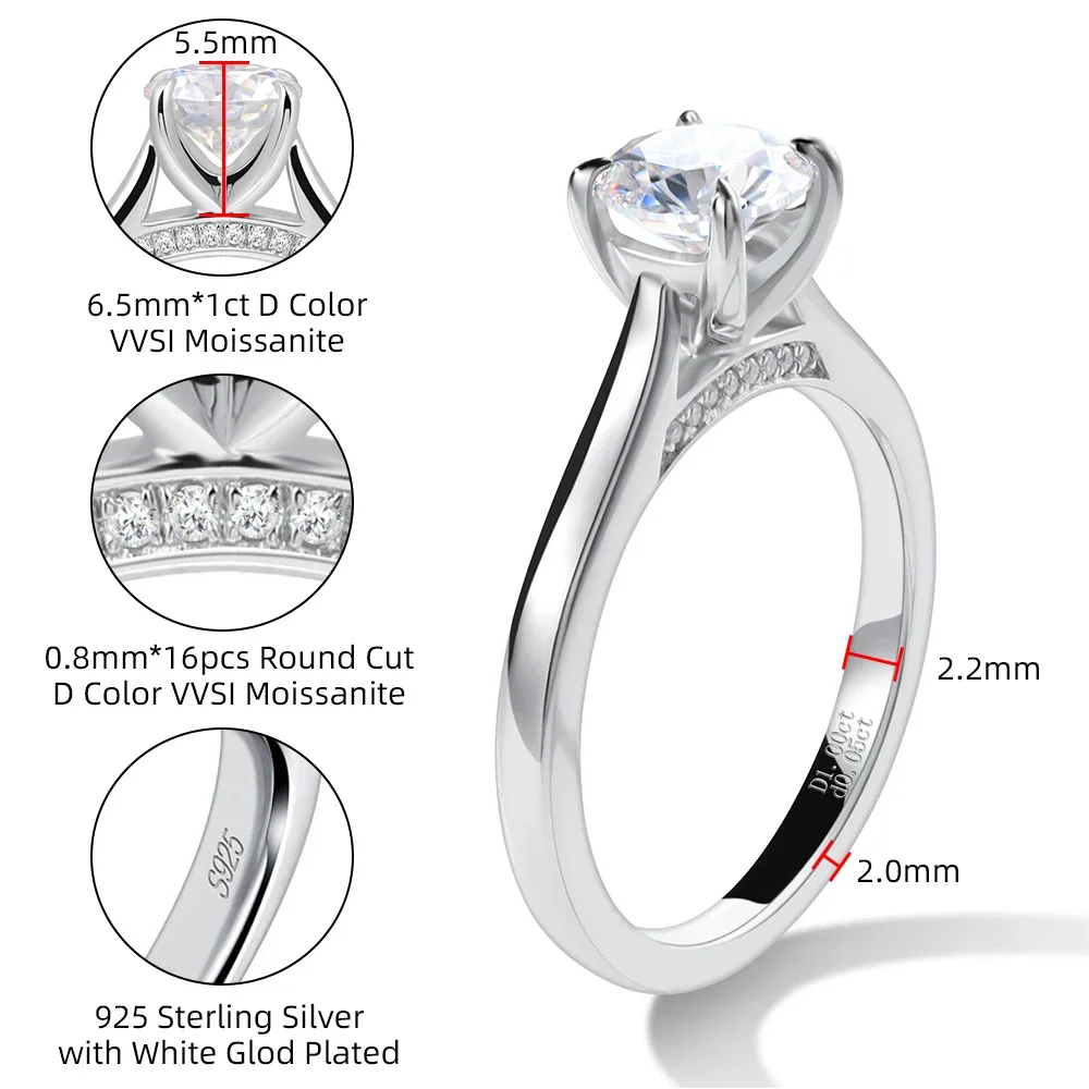 Moissanite Solitaire Ring 925 Sterling Silver 1.0ct Lab Diamond Engagement Rings for Women Round Cut D Color VVS1 Fine Jewelry