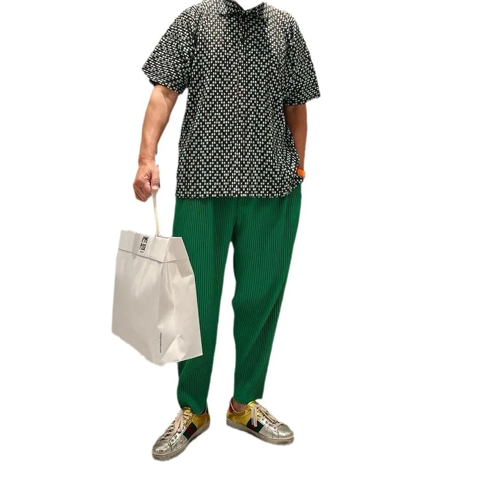 Miyake Men's Summer Pleated Pants Casual Pleated Tapered Nine-Point Pants Drawstring Pleat Comfortable Small Foot Radish Pants